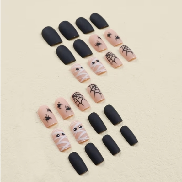 2/$10 Halloween Mummy & Spider Matte Nail Set - Black & Nude - Picture 3 of 7